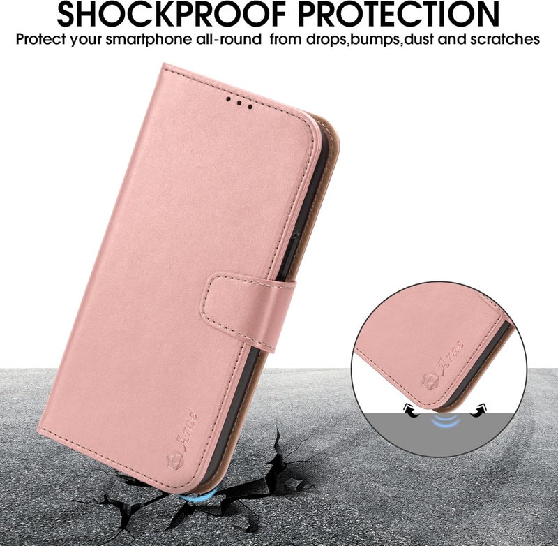 Arae Compatible with iPhone 15 Case with Card Holder and Wrist Strap Wallet Flip Cover for iPhone 15 6.1 inch,Rose Gold - Image 5